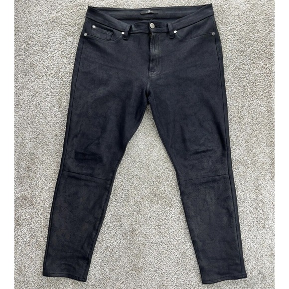 7 For All Mankind Faux Leather‎ Jeans Womens 31 Black Skinny Mid Rise Ankle Crop - Picture 1 of 13